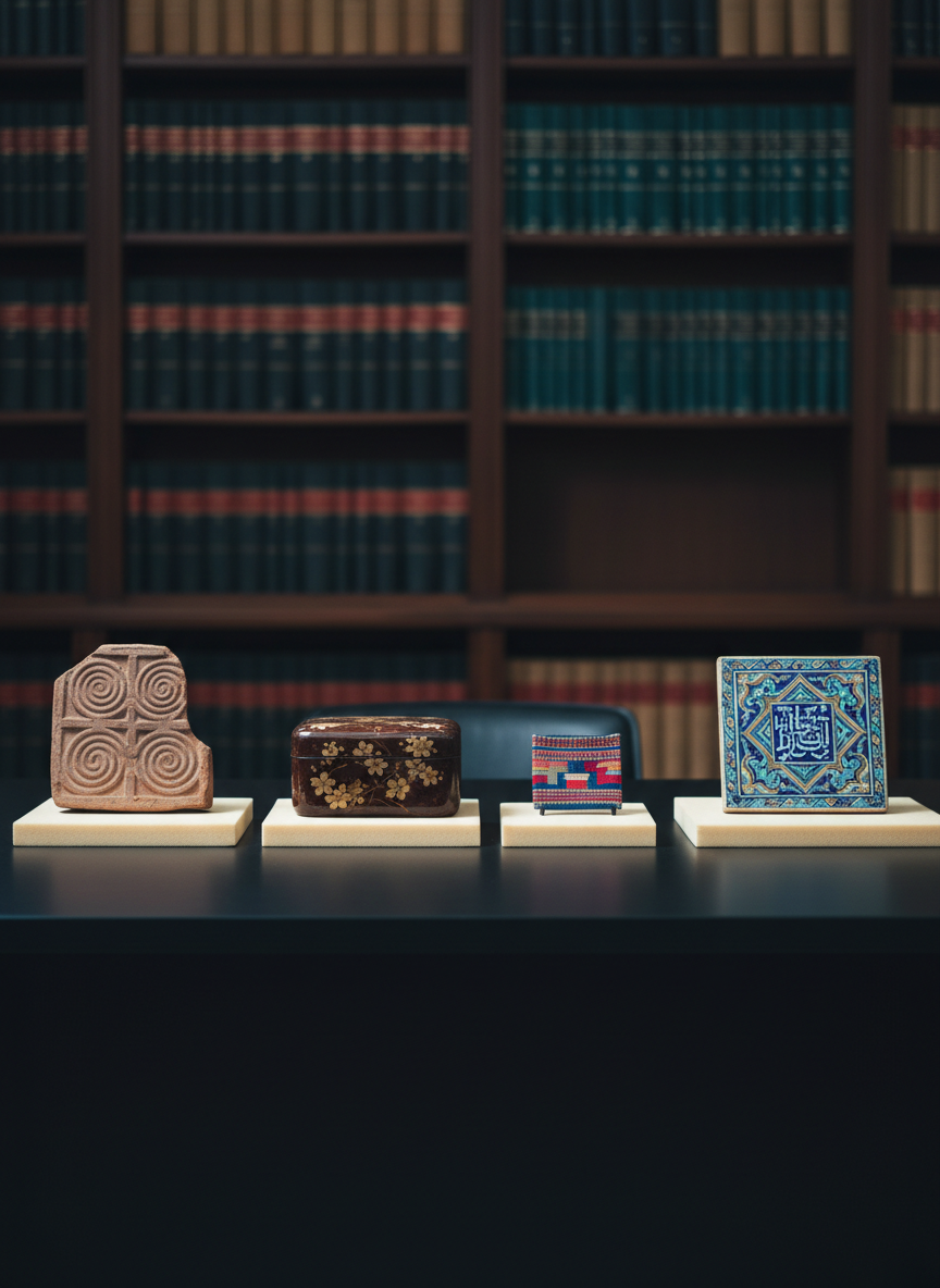 An elegant archival workspace featuring a long, matte black desk with neatly arranged artifacts: a weathered terracotta fragment with intricate carvings, a lacquered Japanese box, a tiny Peruvian textile sample, and an ornate Islamic ceramic tile, all resting on cream-colored conservation foam. Behind them, tall bookshelves fade into a gentle blur, filled with carefully ordered volumes on global art. Cool, indirect studio lighting creates crisp but soft-edged shadows and gleaming highlights on the different textures. Captured in photographic realism from a slightly low, close-up angle with shallow depth of field, the image feels methodical, contemplative, and highly professional, emphasizing the rigor of research in global art history.