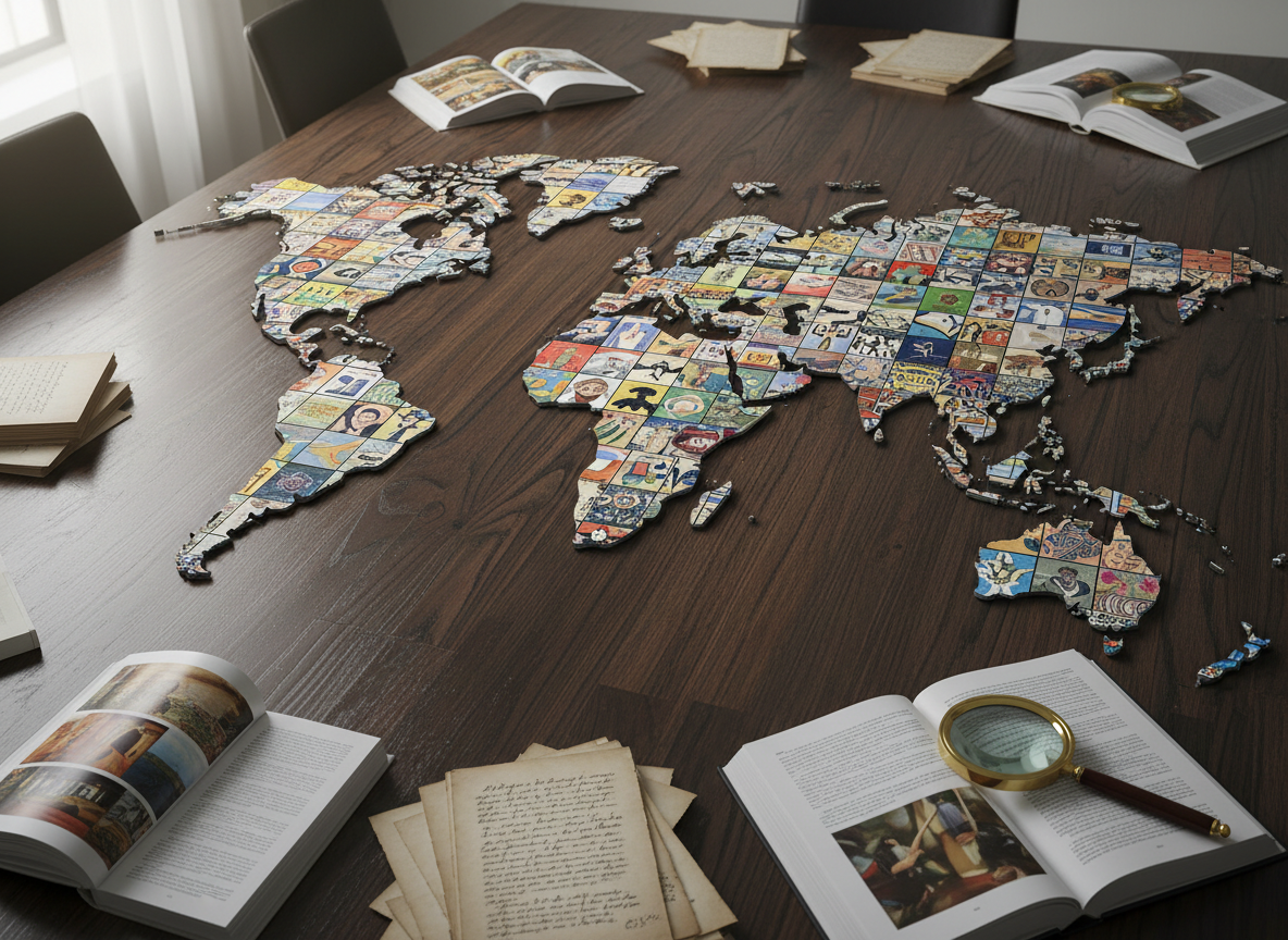 A large, meticulously detailed world map composed entirely of miniature painted canvases, each panel showing a different artistic style from various cultures and centuries. The map lies flat on a richly grained dark wooden table scattered with open art history books, archival notes, and a brass magnifying glass. Soft, diffused daylight from an unseen window grazes the surface, creating gentle highlights on the varnished paint and subtle shadows between the panels. Photographic realism at eye-level with a slightly elevated angle, sharp focus across the map, and a calm, scholarly mood, conveying the breadth of global art history in a clean, professional, and modern aesthetic.