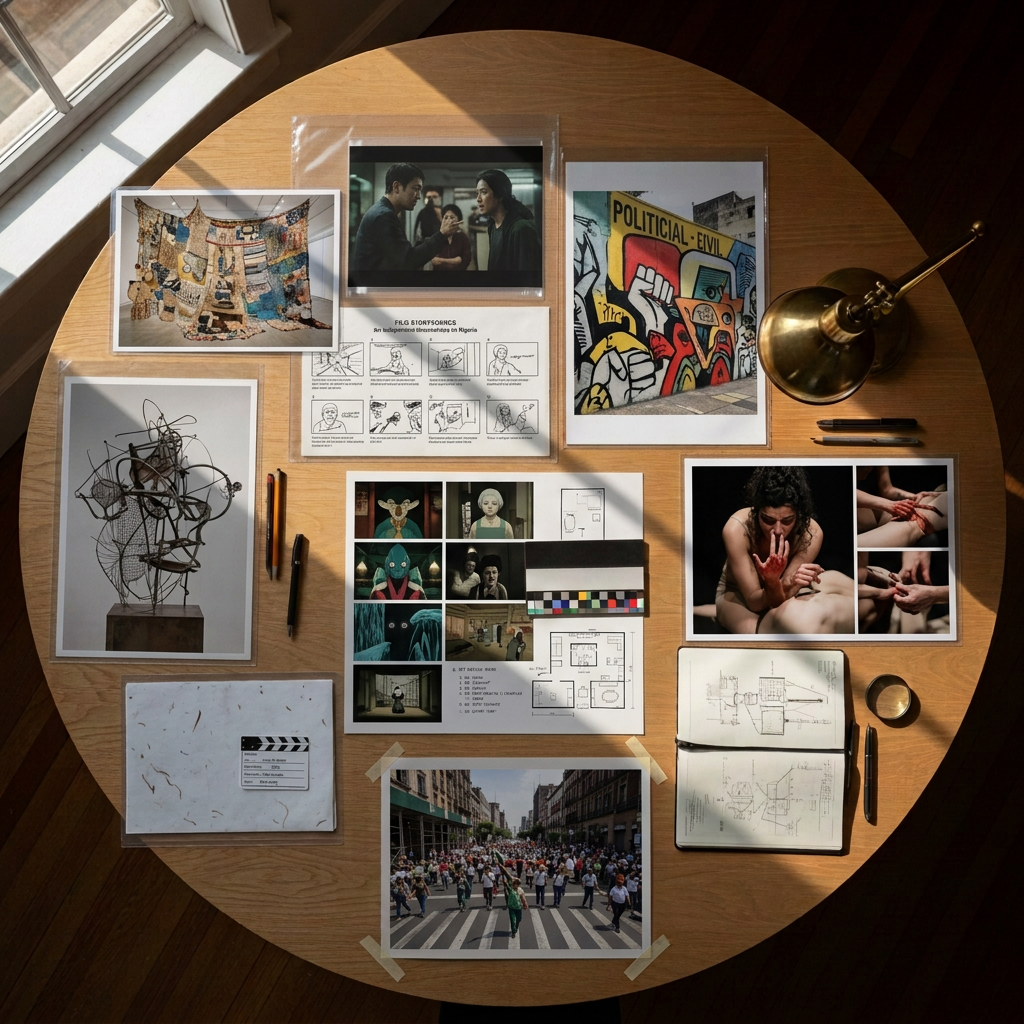 A large, open research table covered with carefully arranged high-quality reproductions of artworks from different continents: a Renaissance drawing, a Mughal miniature, an Aboriginal dot painting, an Ottoman manuscript illumination, and a contemporary installation photograph. Transparent plastic sleeves, color-calibration cards, and small annotation sticky flags in muted tones suggest active scholarly work. Natural daylight from the left mixes with a desk lamp’s warm glow from the right, creating a nuanced interplay of shadows. Shot from a top-down, bird’s-eye perspective in photographic realism, with meticulous sharpness across the entire scene, the mood is analytical yet creative, highlighting the comparative and cross-cultural nature of global art history research.