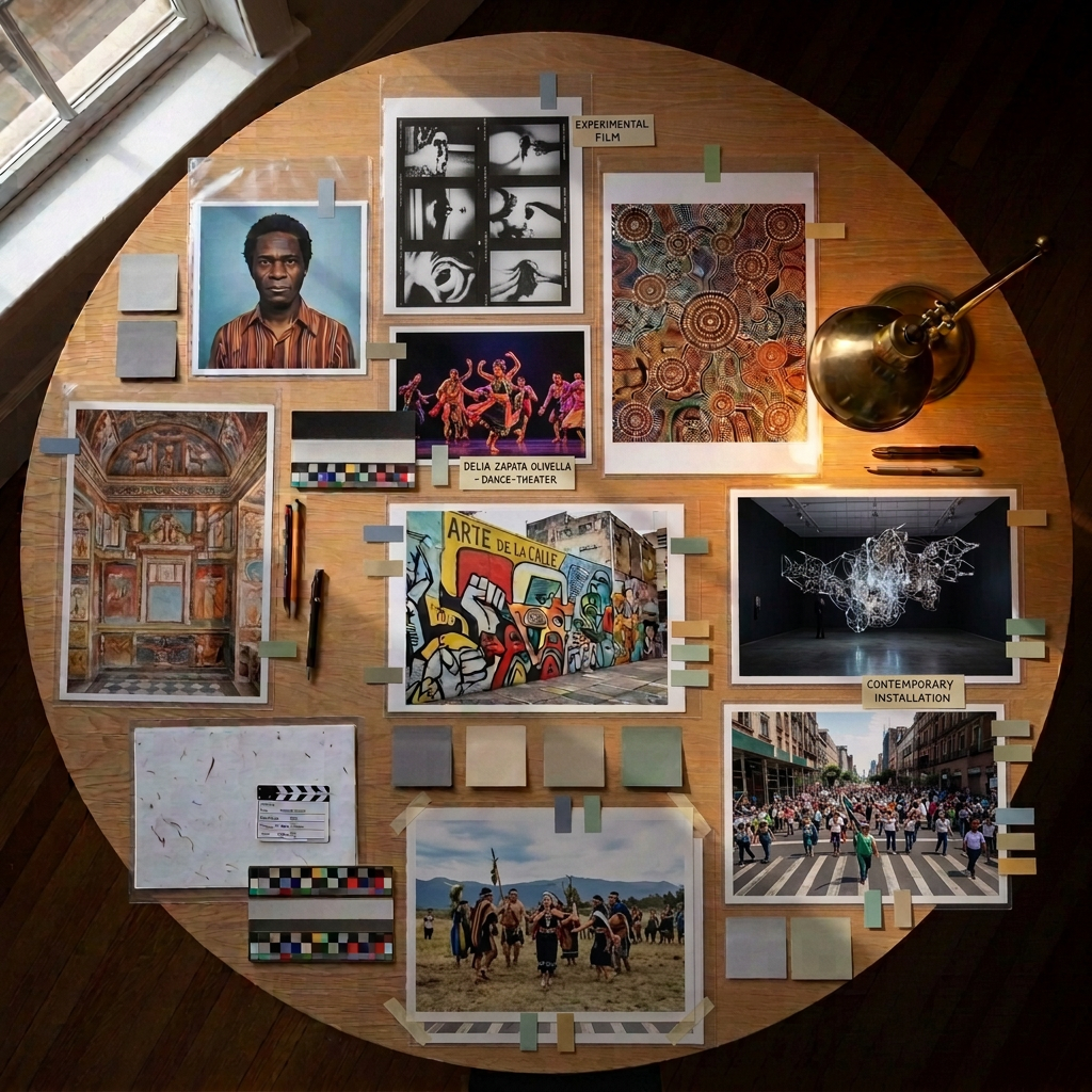 Top-down research table with diverse artwork reproductions, sketches, photographs, notes, and a desk lamp